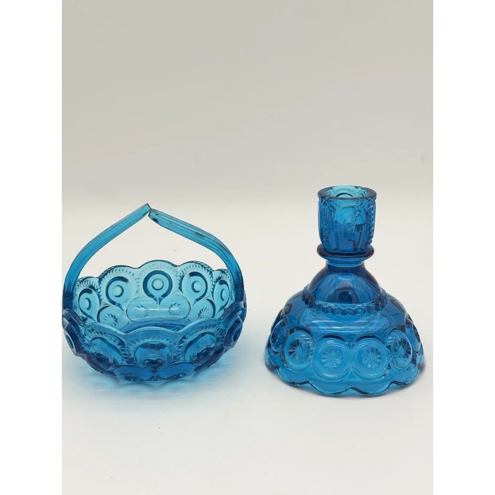MCM LE Smith Moon & Stars Art glass basket & Candleholder colonial blue Set